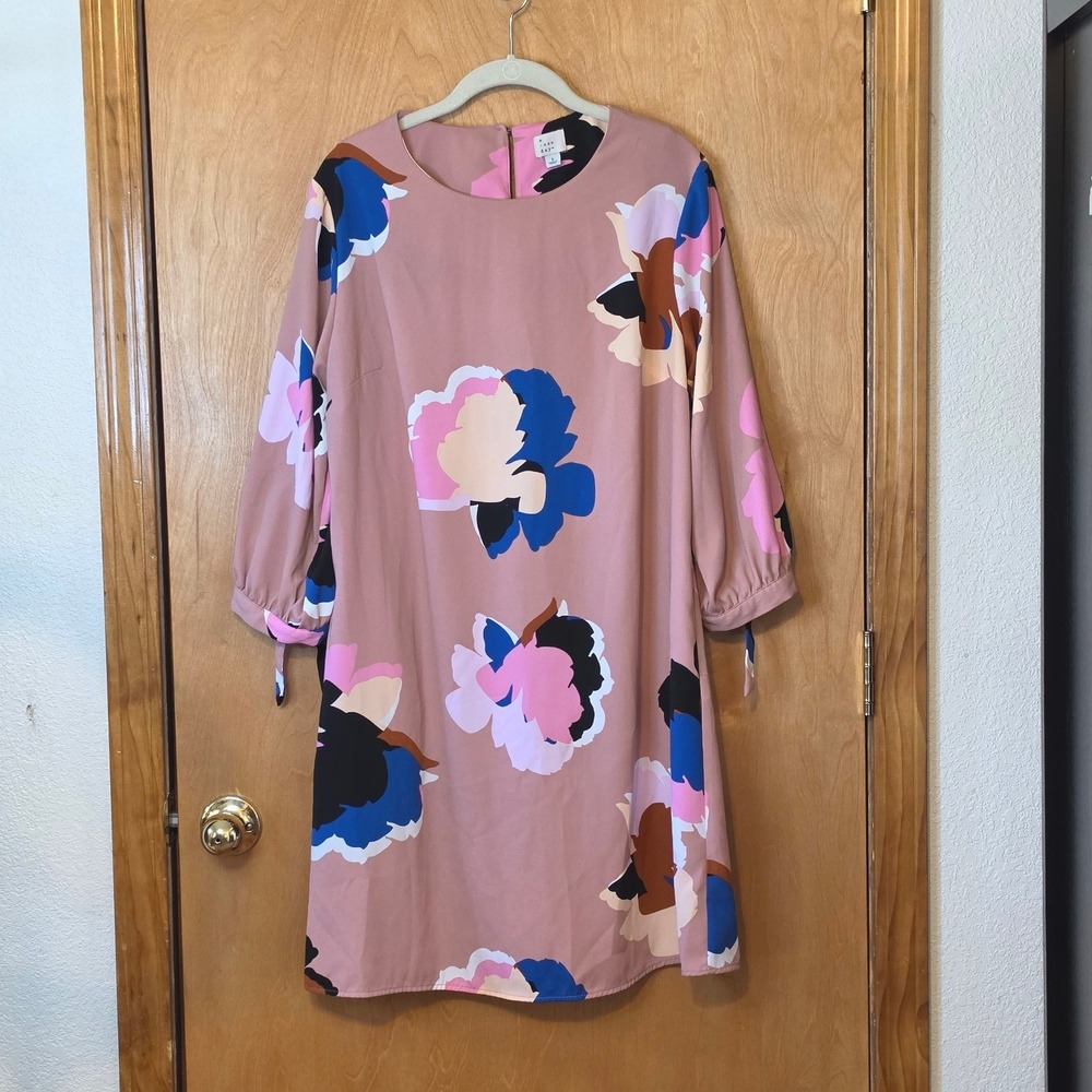 Pink Floral Shift Dress Mod 60s Graphic Print Tie Sleeve 3/4 Sleeve Size Large